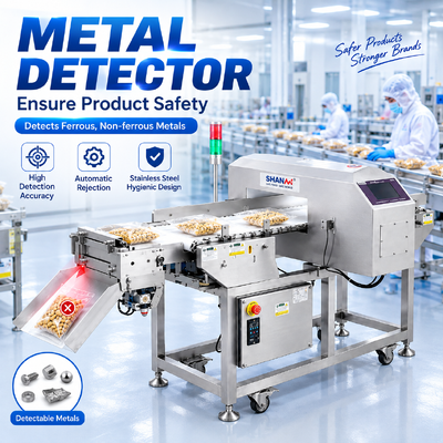 High-sensitivity metal detector with conveyor belt, suitable for rejecting products in nut and snack food factories